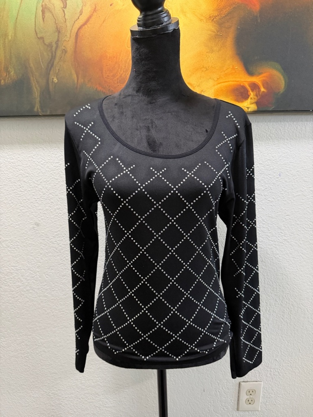 eye candy Black Long-Sleeve Scoop Neck Top with Silver Stud Grid